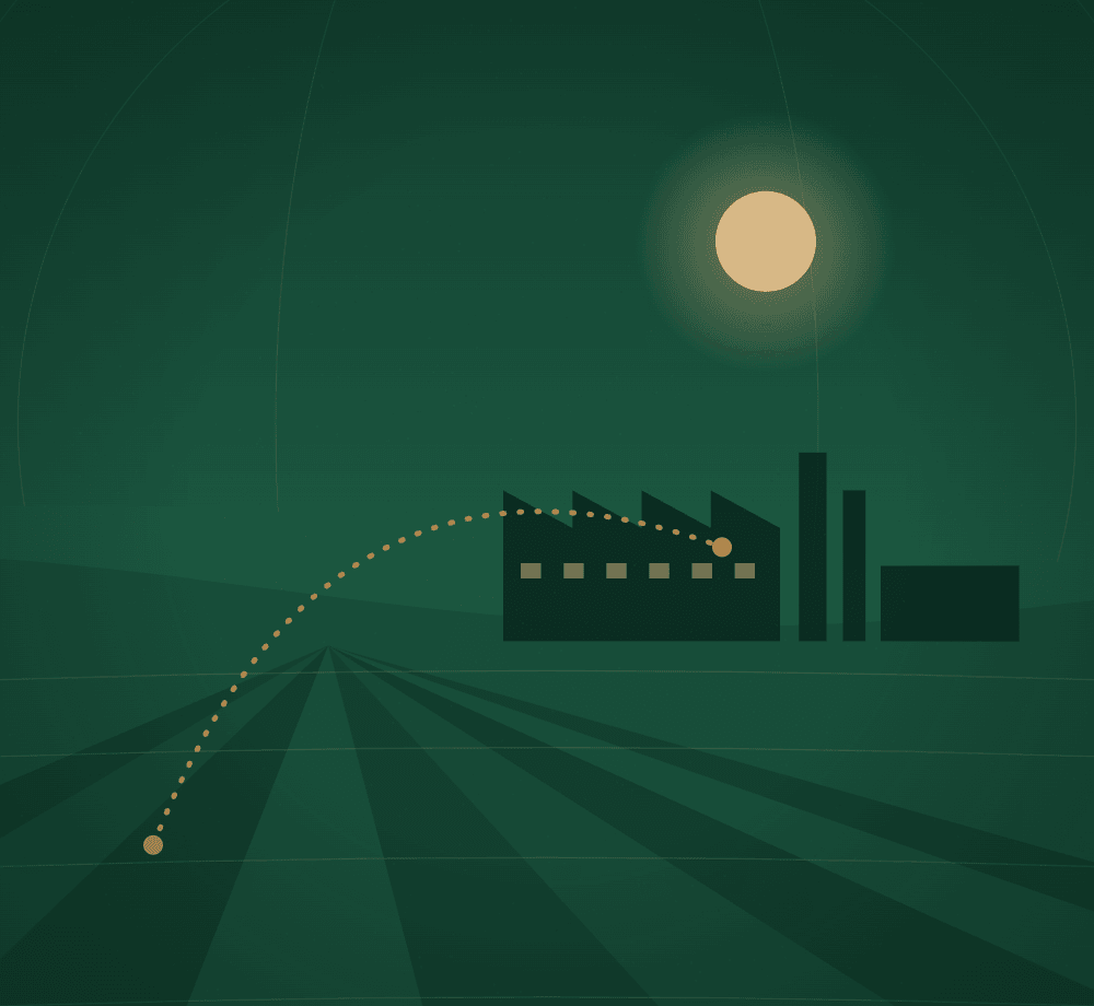 Illustration: farmland connected to industry