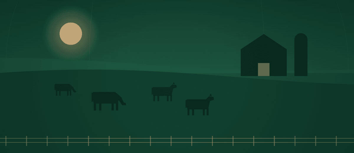 Illustration: cattle grazing near a barn