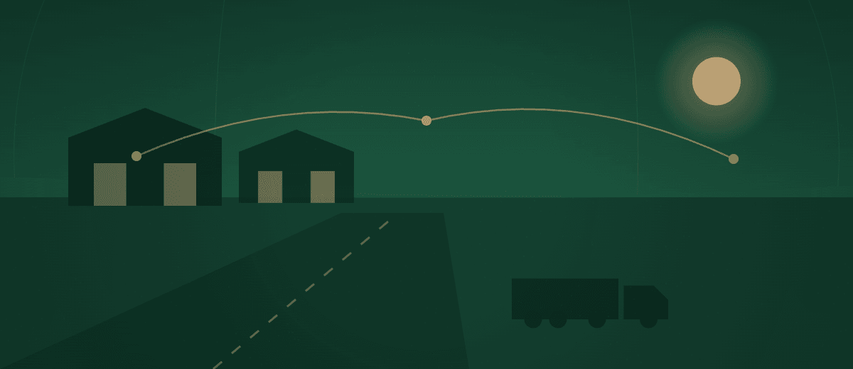 Illustration: warehouses, logistics routes and a truck